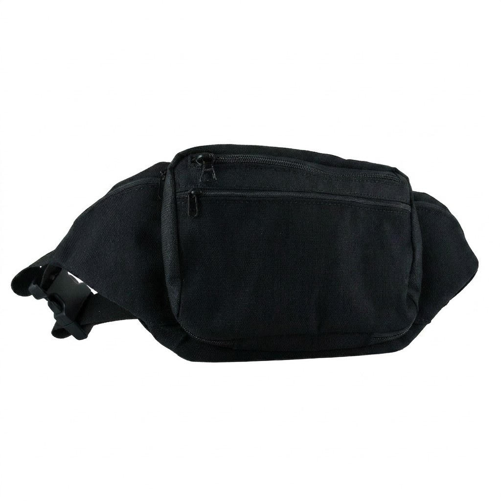 Marsupio nero in Cordura su sfondo bianco, vista frontale con dettaglio zip