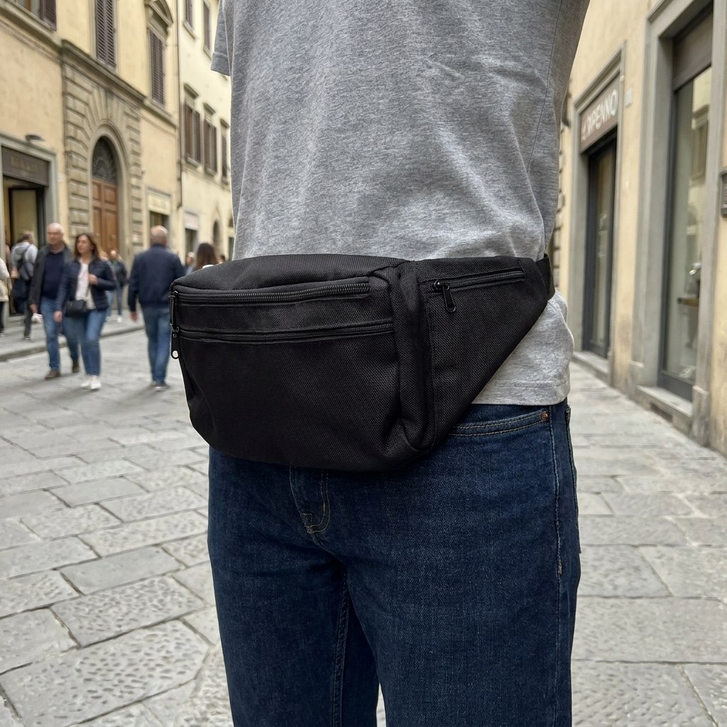 Il marsupio indossato in modo discreto su abbigliamento casual, visto dall'esterno