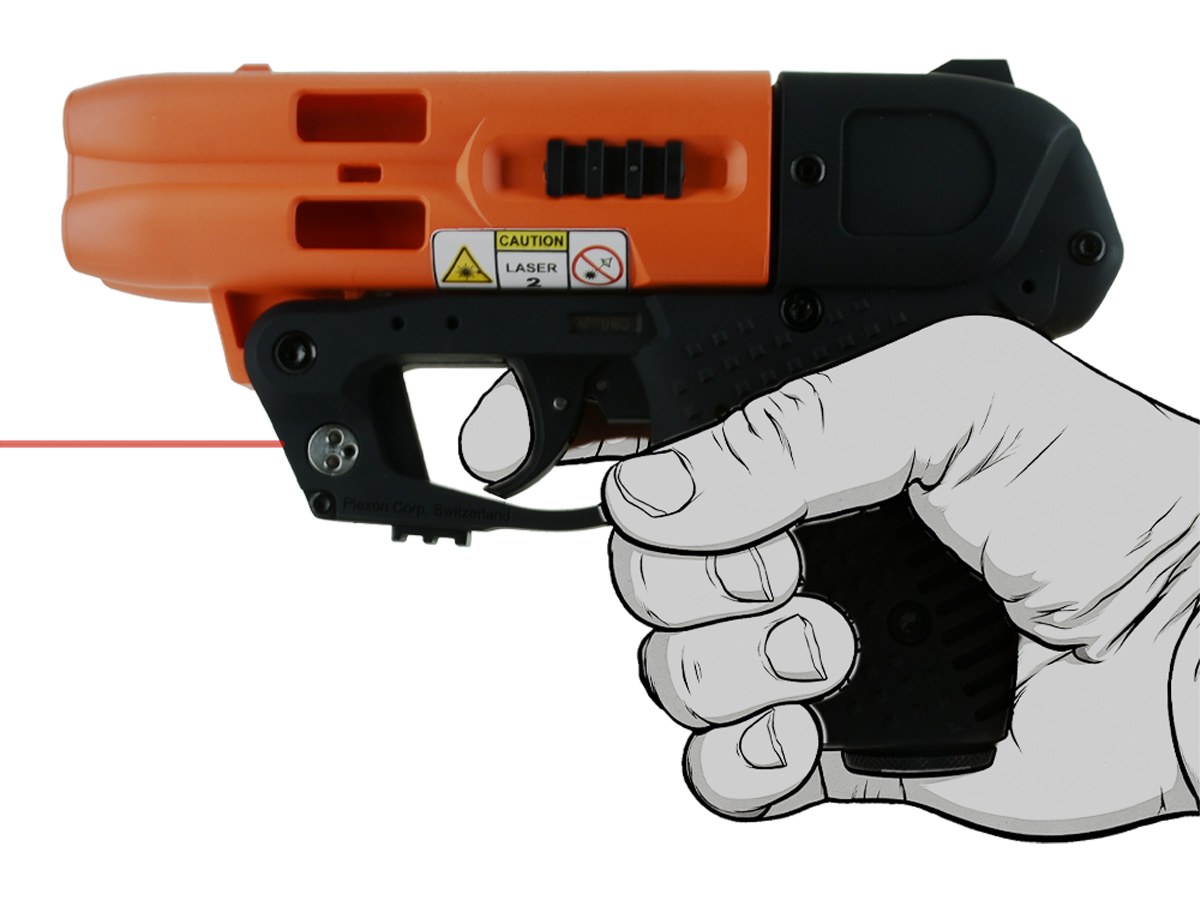 Foto del prodotto JPX4 Compact Laser su sfondo bianco, visione frontale/laterale con laser visibile