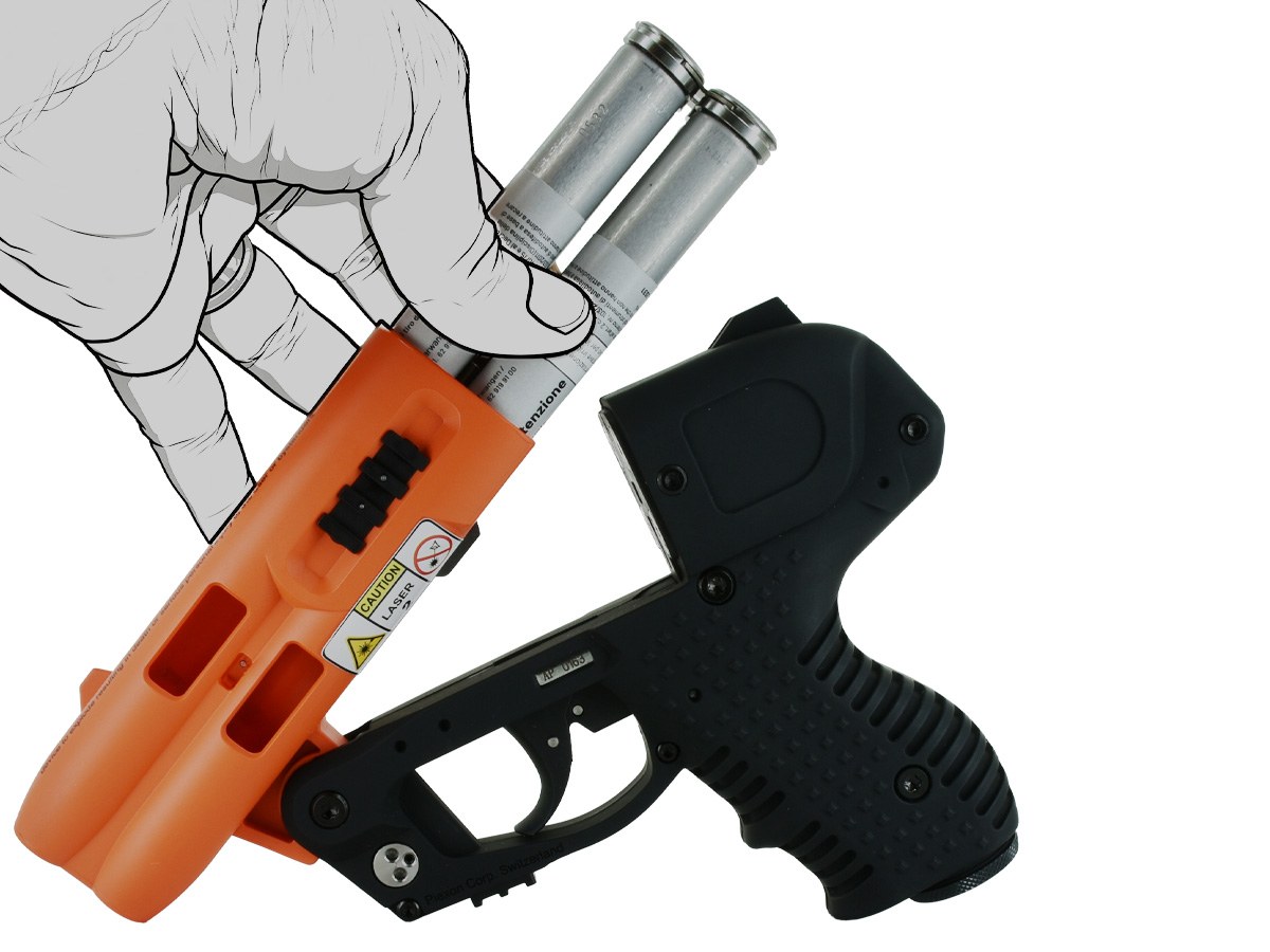 Illustrazione esplicativa del meccanismo a 4 percussori e del modulo laser nel calcio