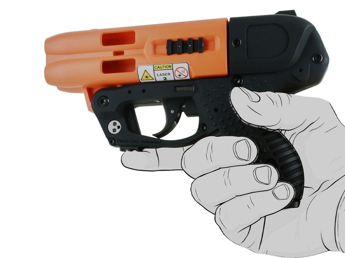 Vista a tre quarti della pistola intera con impugnatura compatta e modulo laser visibile
