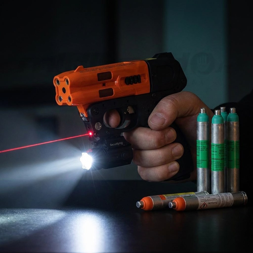 Il dispositivo JPX4 impugnato con una mano, luce tattica e laser attivati in ambiente con scarsa illuminazione