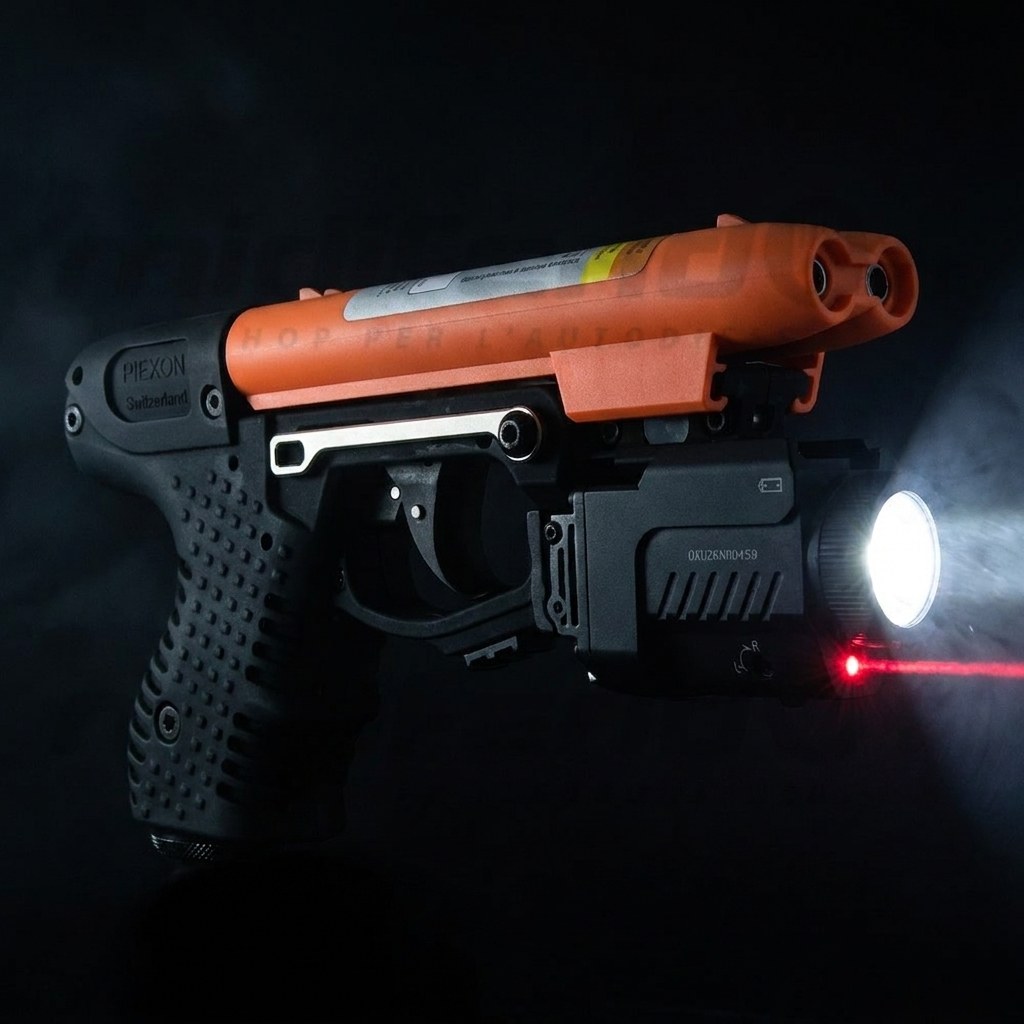 Illustrazione esplicativa: fascio di luce e punto laser rosso proiettati in un ambiente buio