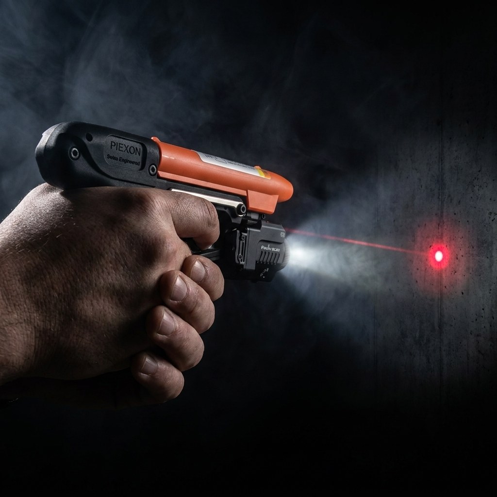 JPX2 BLACKHAWK Edition impugnata, torcia GL22 montata, punto laser rosso visibile in ambiente scuro