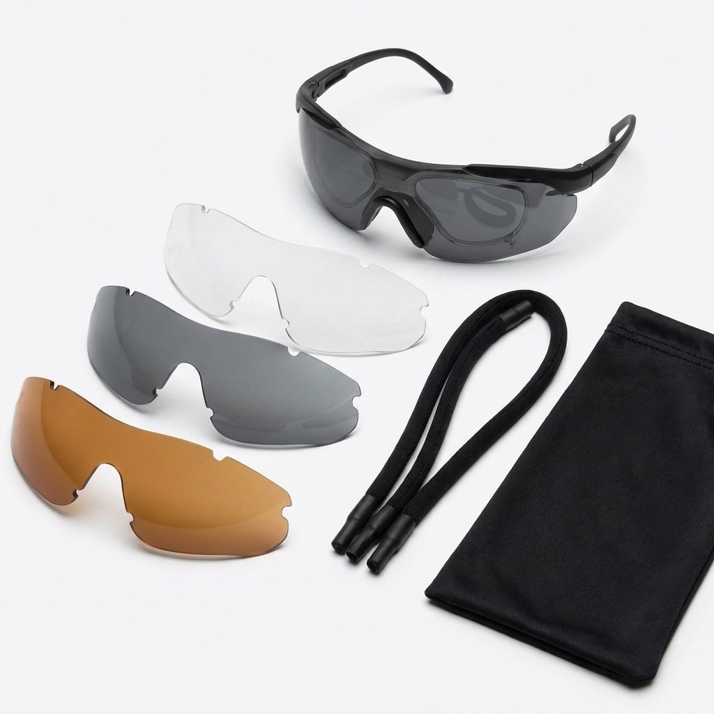Occhiali con le tre lenti intercambiabili, laccio in neoprene e sacchetto in microfibra