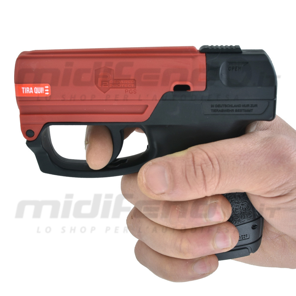 Pistola spray al peperoncino Umarex Walther PGS nera e rossa impugnata da una mano, compatta per autodifesa