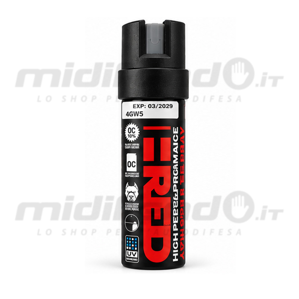 Vista frontale dello spray al peperoncino T-RED nero e rosso con cappuccio di sicurezza, etichetta OC 10% e scadenza 03/2029