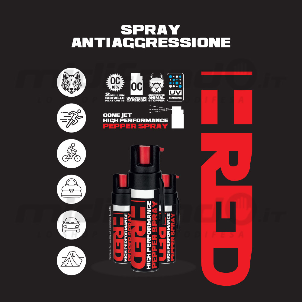 Infografica con tre bombolette spray al peperoncino T-RED nere e rosse, icone di utilizzo e specifiche OC 10% e UV marking