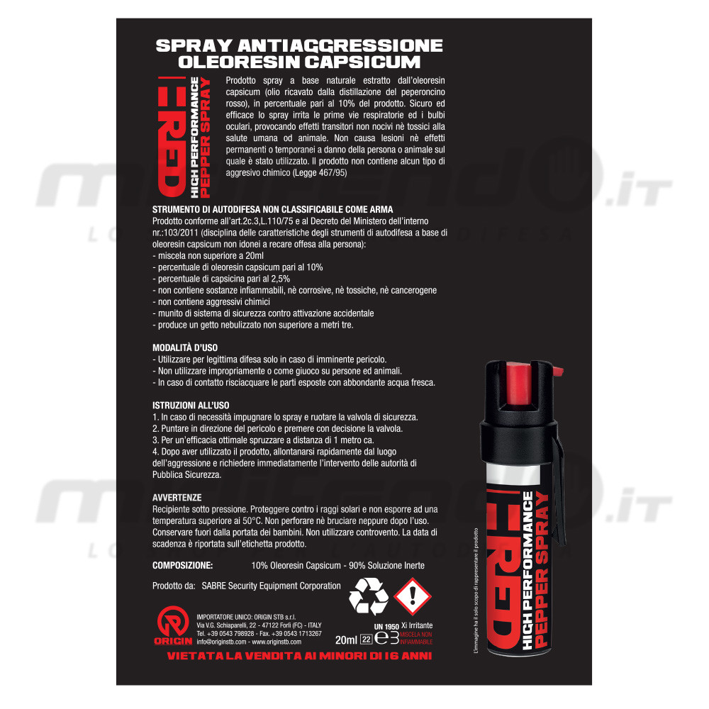 Scheda informativa nera dello spray al peperoncino T-RED 20 ml con istruzioni d'uso, composizione e flacone con clip in basso a destra
