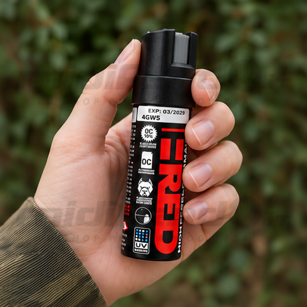 Spray al peperoncino T-RED nero e rosso tenuto in mano, vista frontale con cappuccio di sicurezza, etichetta OC e sfondo di fogliame