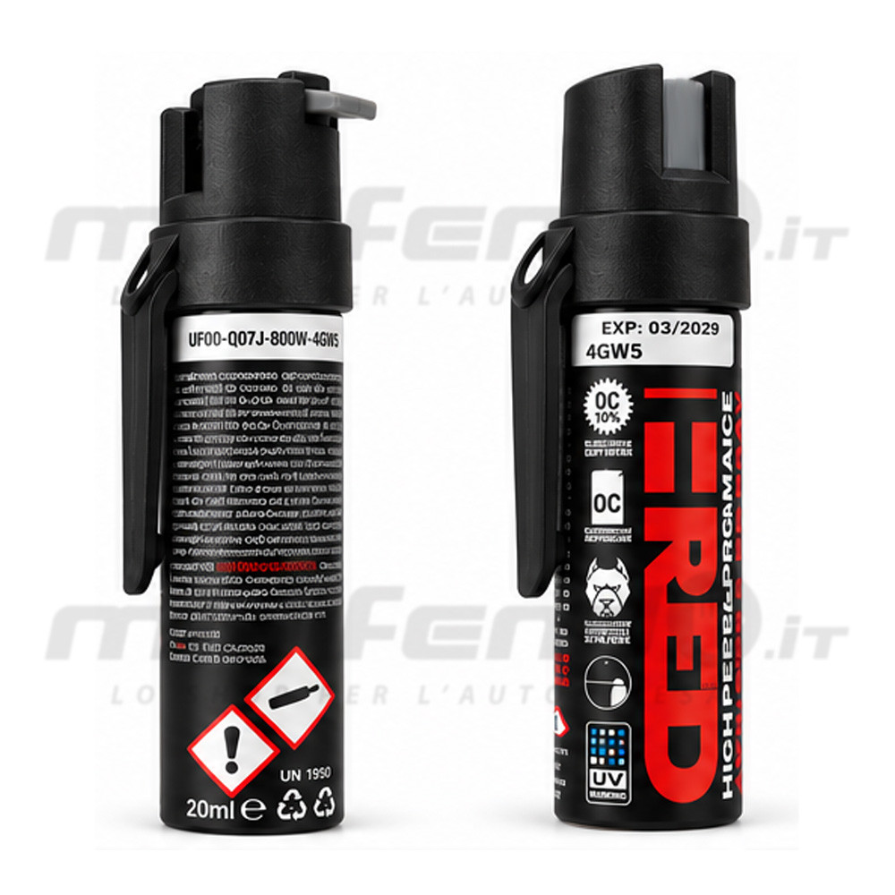 Due bombolette nere spray al peperoncino T-RED 20 ml, vista retro e fronte, con clip da cintura, tappo di sicurezza e pittogrammi
