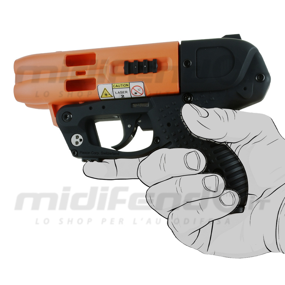 JPX4 Compact Laser impugnatura laterale, corpo arancione e nero, avviso laser classe 2, mano illustrata che stringe il grip, produzione Piexon Svizzera