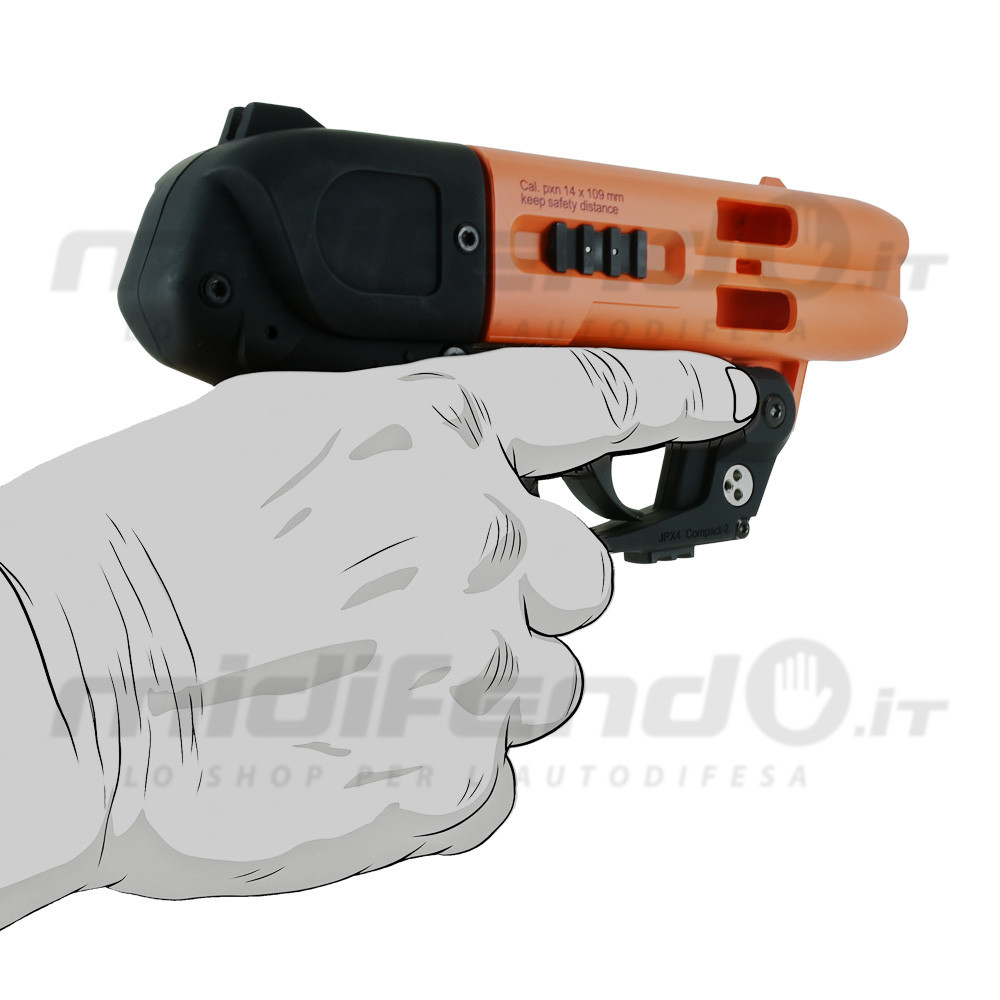 JPX4 Compact Laser impugnata da mano illustrata, vista laterale 3/4, body arancione e grilletto nero, calibro pxn 14x109mm