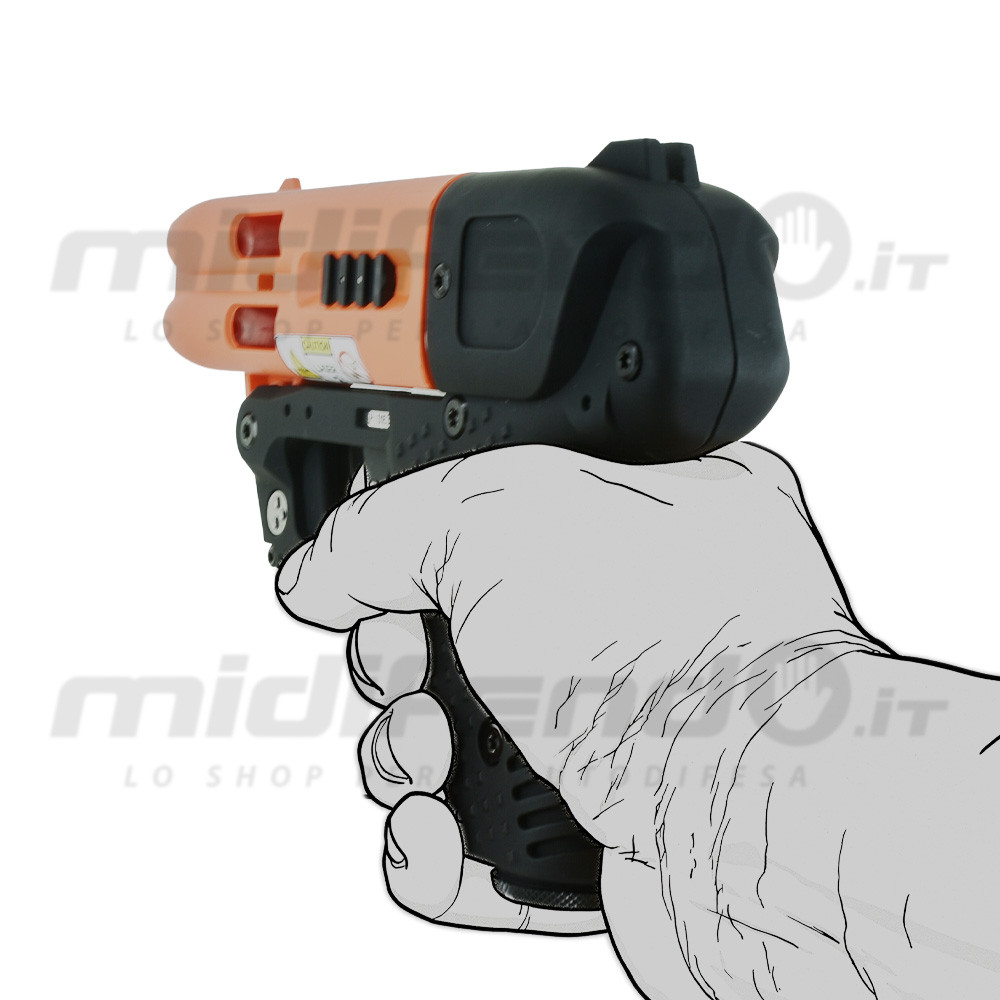 JPX4 Compact Laser impugnato da mano illustrata, vista laterale 3/4, corpo arancio e nero con doppio pulsante rosso e laser