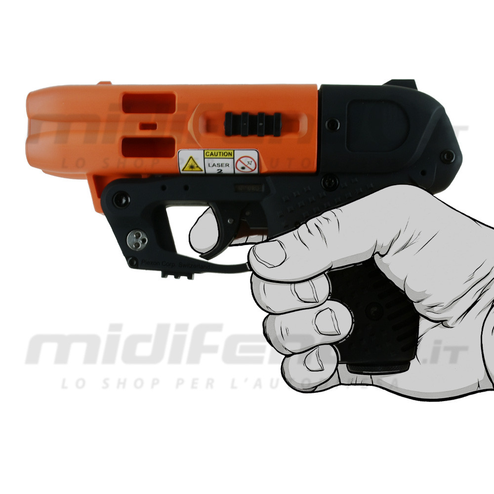 JPX4 Compact Laser pistola al peperoncino arancione e nera impugnata da mano illustrata, vista laterale con etichetta laser visibile