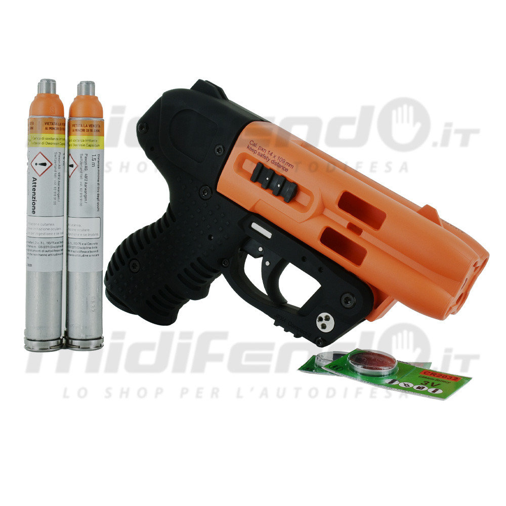 Vista laterale destra JPX4 Compact Laser arancione e nero con due cartucce Piexol e batteria CR2032 incluse