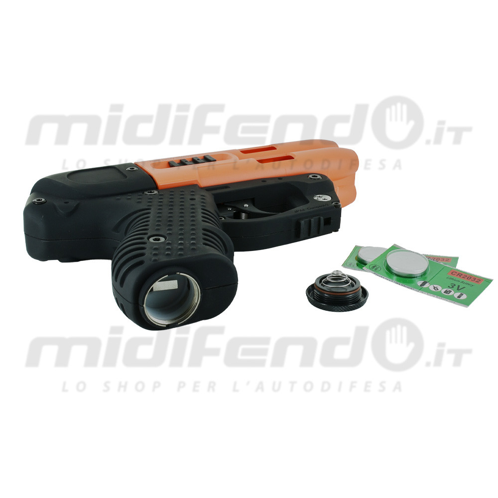 JPX4 Compact Laser vista laterale con torcia frontale integrata, impugnatura nera gommata, scocca arancione e pile CR2032 incluse