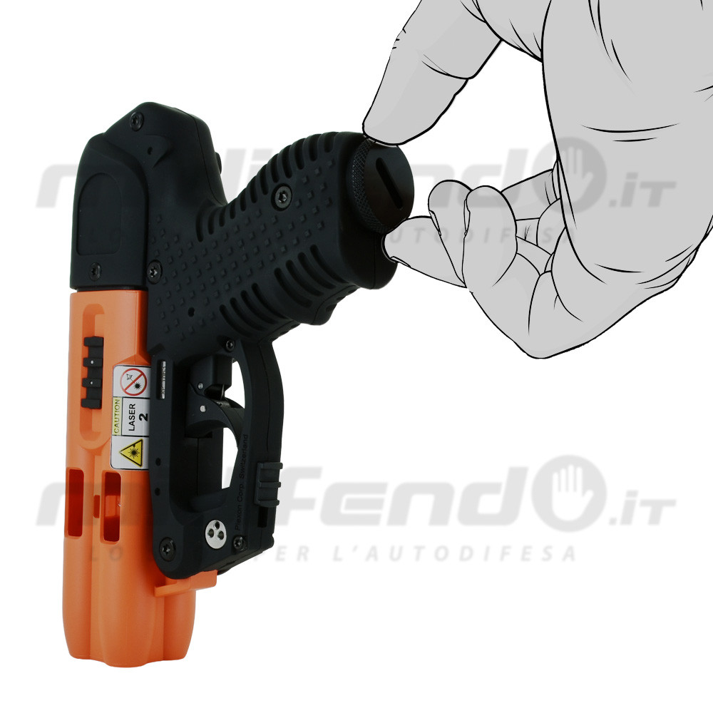 JPX4 Compact Laser vista laterale sinistra, corpo arancione e impugnatura nera gommata, mano illustrata che regge il dispositivo con etichetta Caution Laser 2