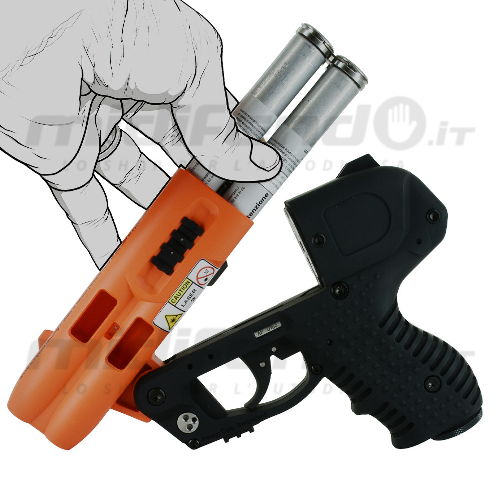 JPX4 Compact Laser arancione e nero con cartuccia Piexol in fase di inserimento, illustrazione mano che ricarica il dispositivo