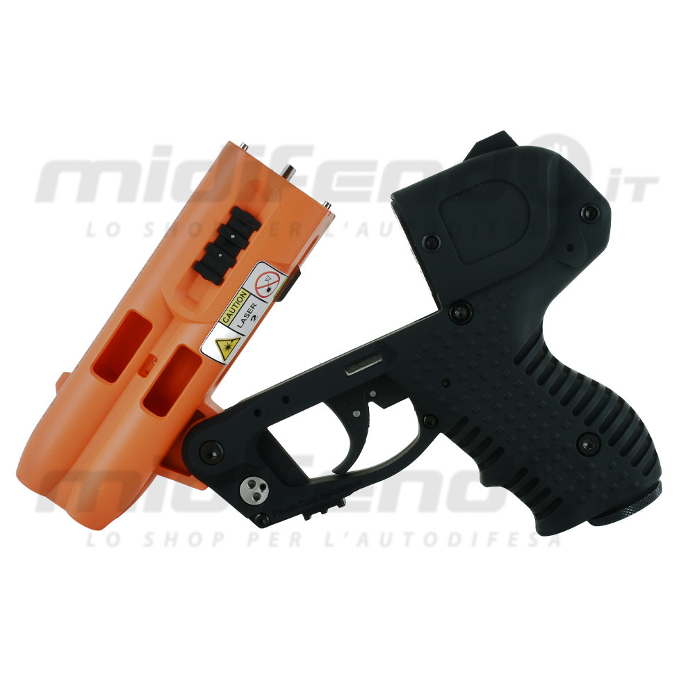 JPX4 Compact Laser vista laterale 3/4 con caricatore arancione estratto, impugnatura nera gommata e avviso laser classe 2