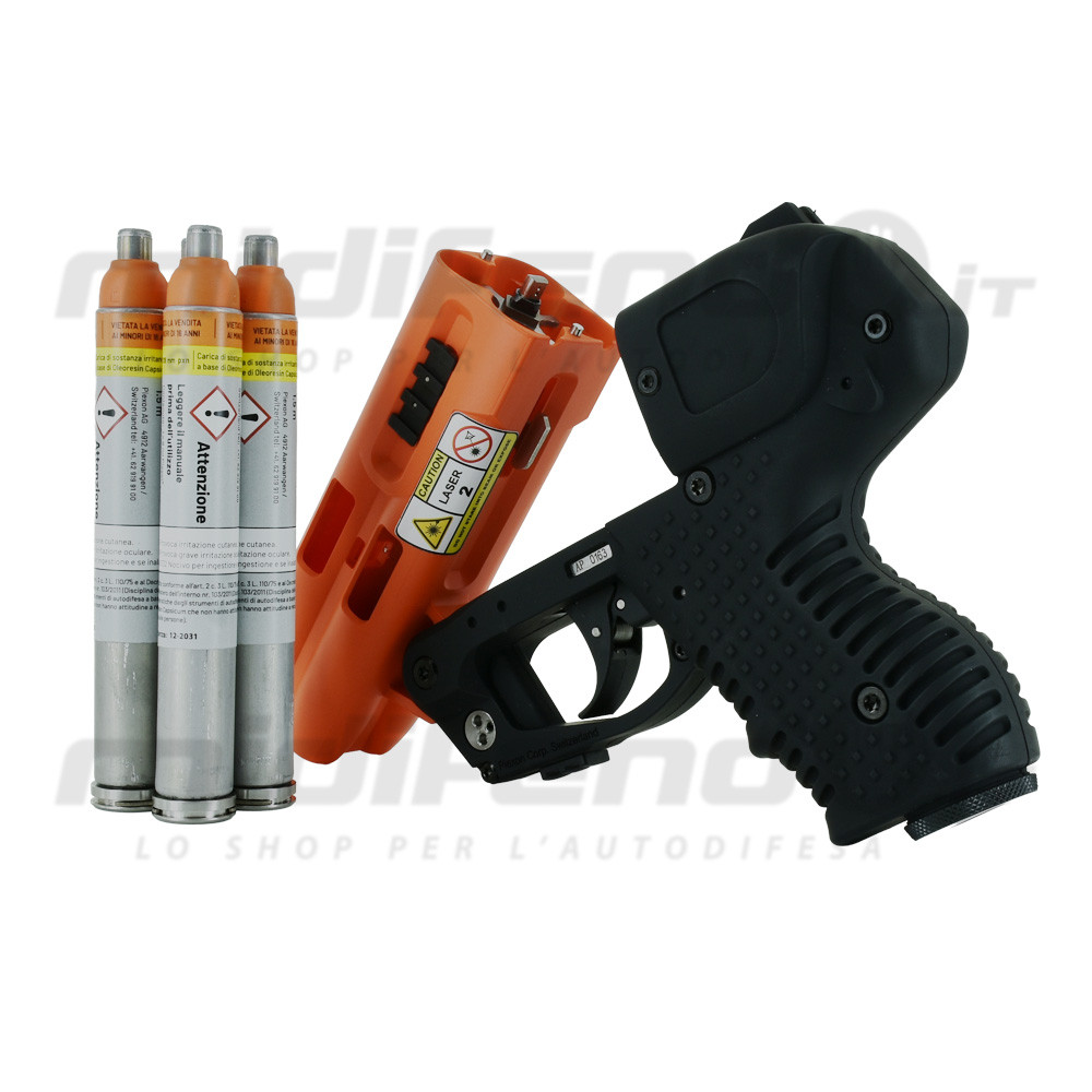 Vista laterale JPX4 Compact Laser nero opaco con 4 cariche Piexol arancioni e argento su sfondo bianco