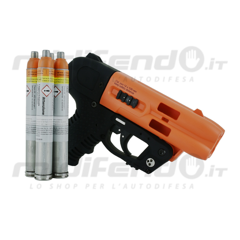 Vista laterale destra pistola al peperoncino JPX4 Compact arancione e nero con 4 cartucce Piexol ricaricabili calibro 14x109mm
