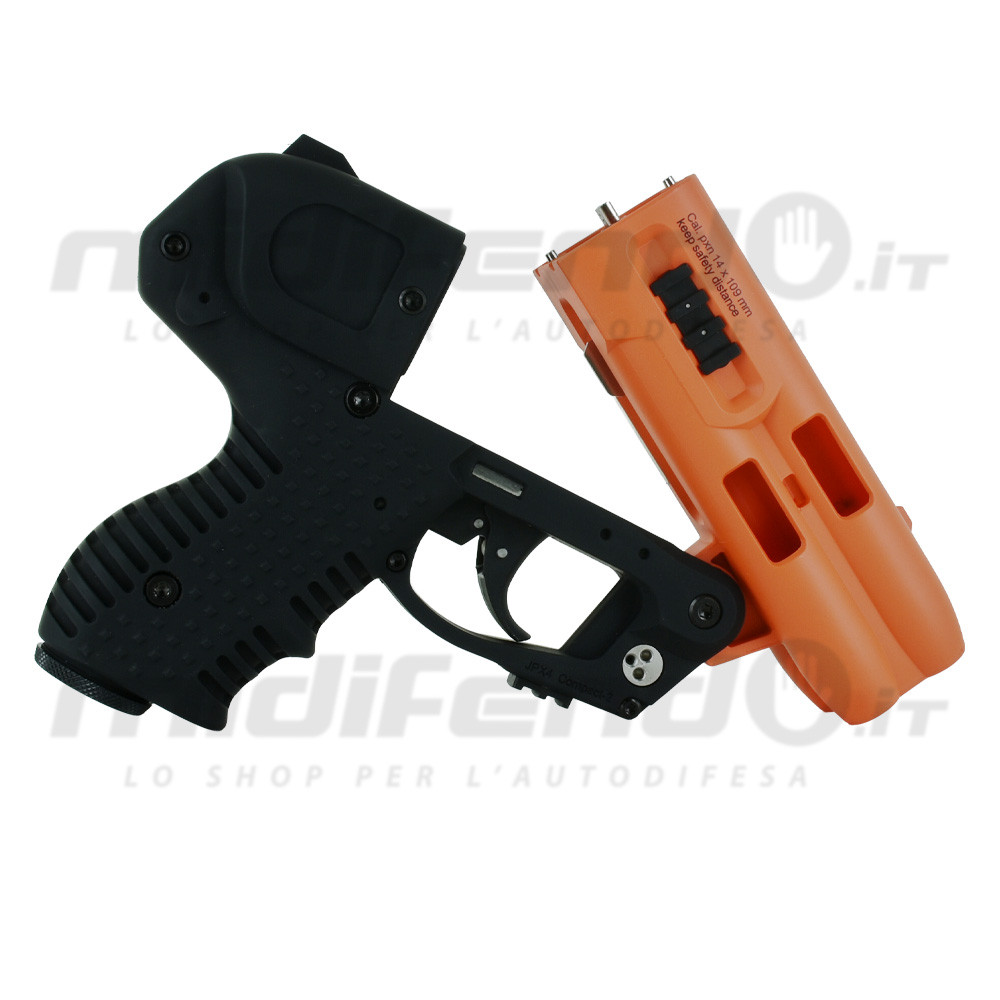 JPX4 Compact pistola al peperoncino Piexon vista laterale: frame nero con grilletto e canna arancione calibro 14x109mm separati