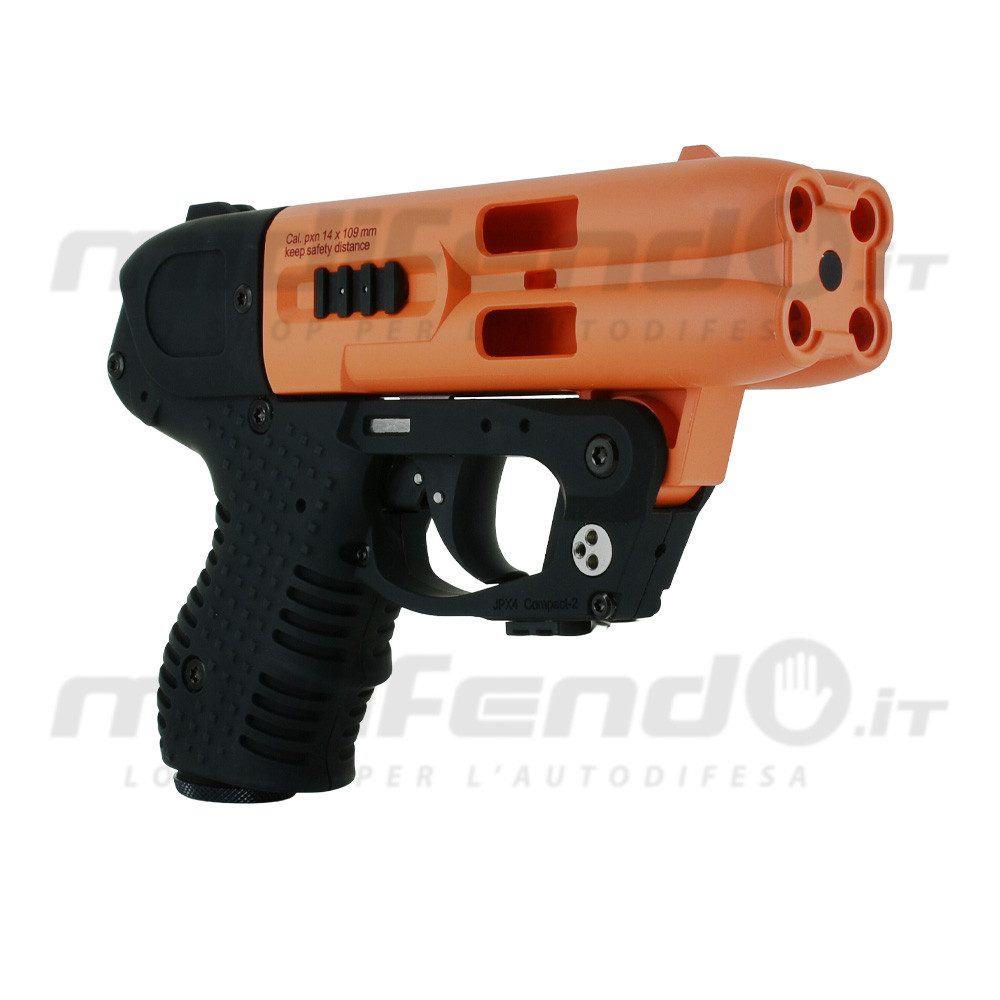 Vista laterale destra JPX4 Compact Laser pistola al peperoncino bicolore nero e arancione con 4 canne e impugnatura gommata antiscivolo