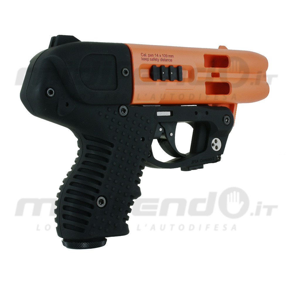 Vista laterale destra JPX4 Compact Laser Piexon, corpo arancione e impugnatura nera gommata con grilletto e calibro 14x109mm