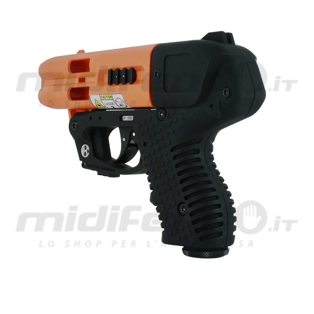 Vista laterale destra JPX4 Compact Laser Piexon bicolore nero e arancione con impugnatura gommata antiscivolo, grilletto e avviso laser