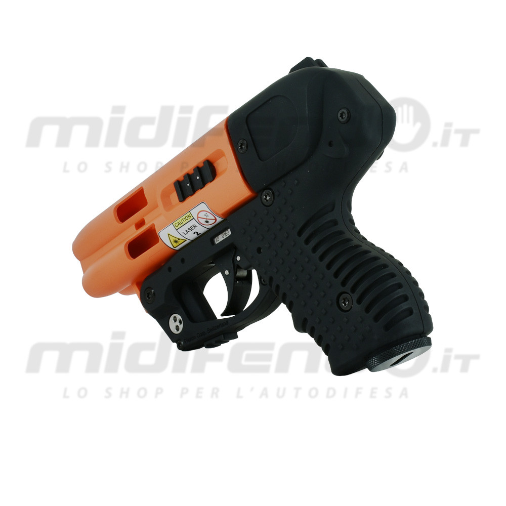 JPX4 Compact Laser vista laterale destra, corpo arancione e nero gommato, grilletto metallico, etichetta laser classe 2, impugnatura antiscivolo