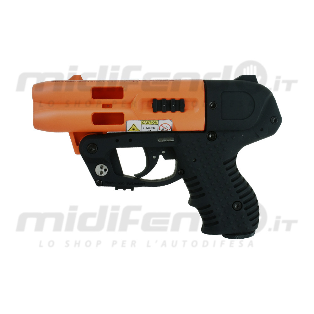 Vista laterale destra JPX4 Compact Laser con scocca arancione e impugnatura nera gommata, grilletto, etichetta laser e bocca di erogazione