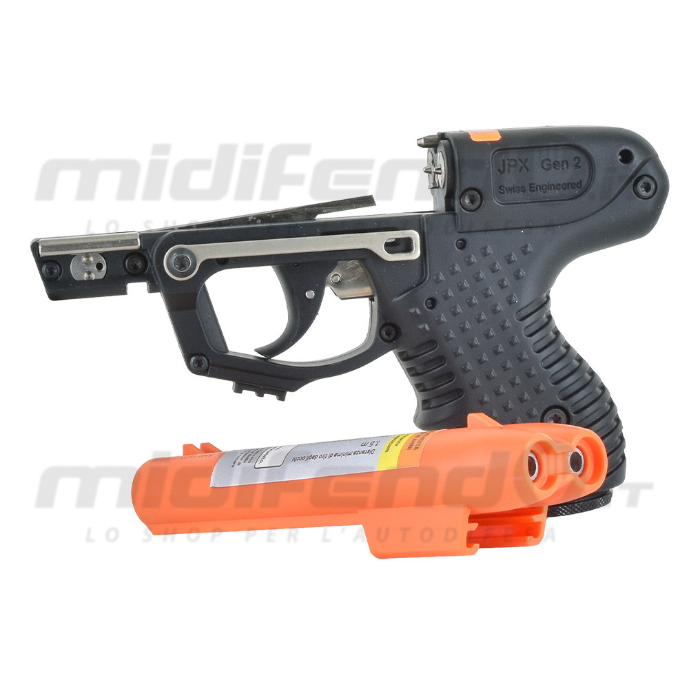 JPX Gen 2 Laser pistola al peperoncino nera con cartuccia arancione inclusa, Swiss Engineered, vista laterale