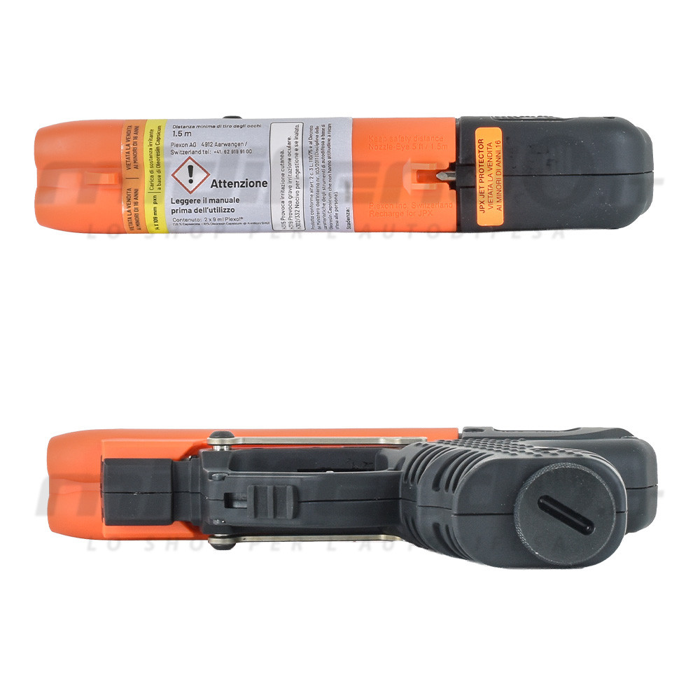 JPX Gen 2 Jet Protector pistola al peperoncino nera e arancione, vista laterale e inferiore con laser integrato