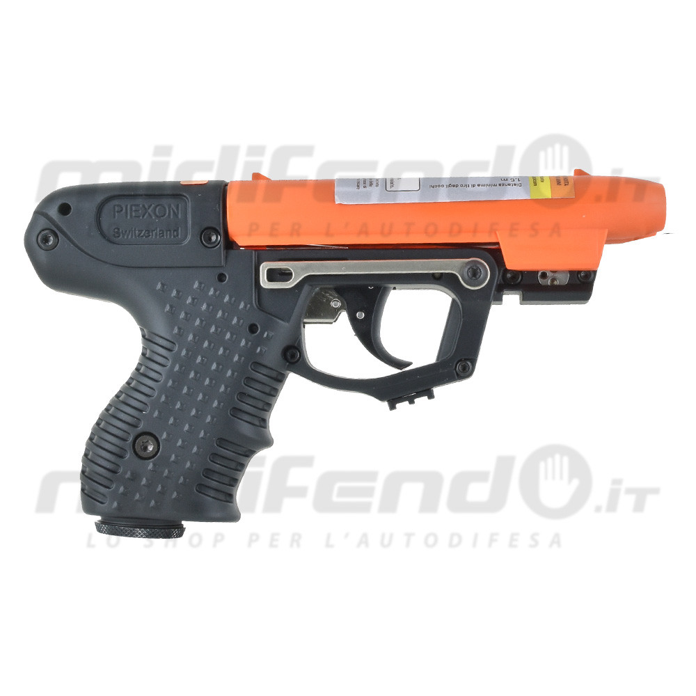 JPX Gen 2 Laser pistola al peperoncino Piexon nera con cartuccia arancione vista laterale