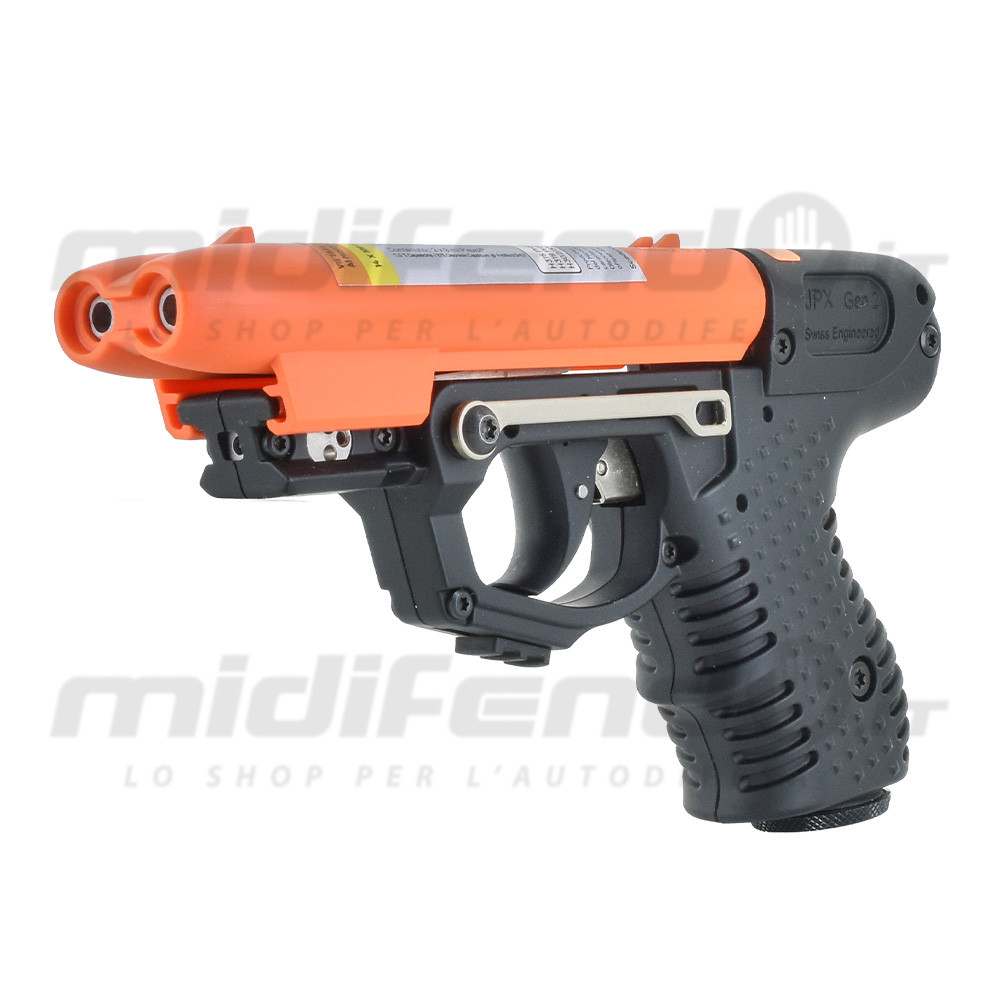 JPX Gen 2 pistola al peperoncino Jet Protector nera con mirino laser arancione, vista laterale
