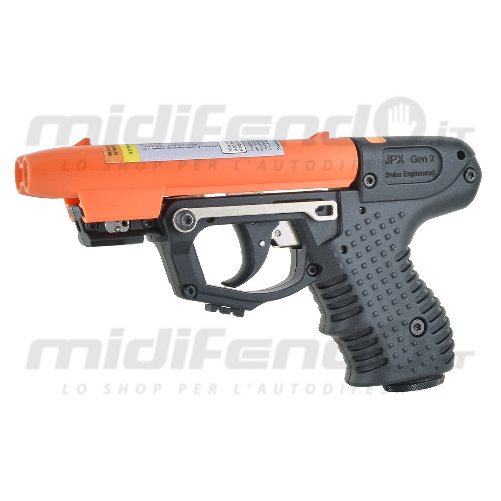 JPX Gen 2 Laser pistola al peperoncino nera con cartuccia arancione e mirino laser integrato