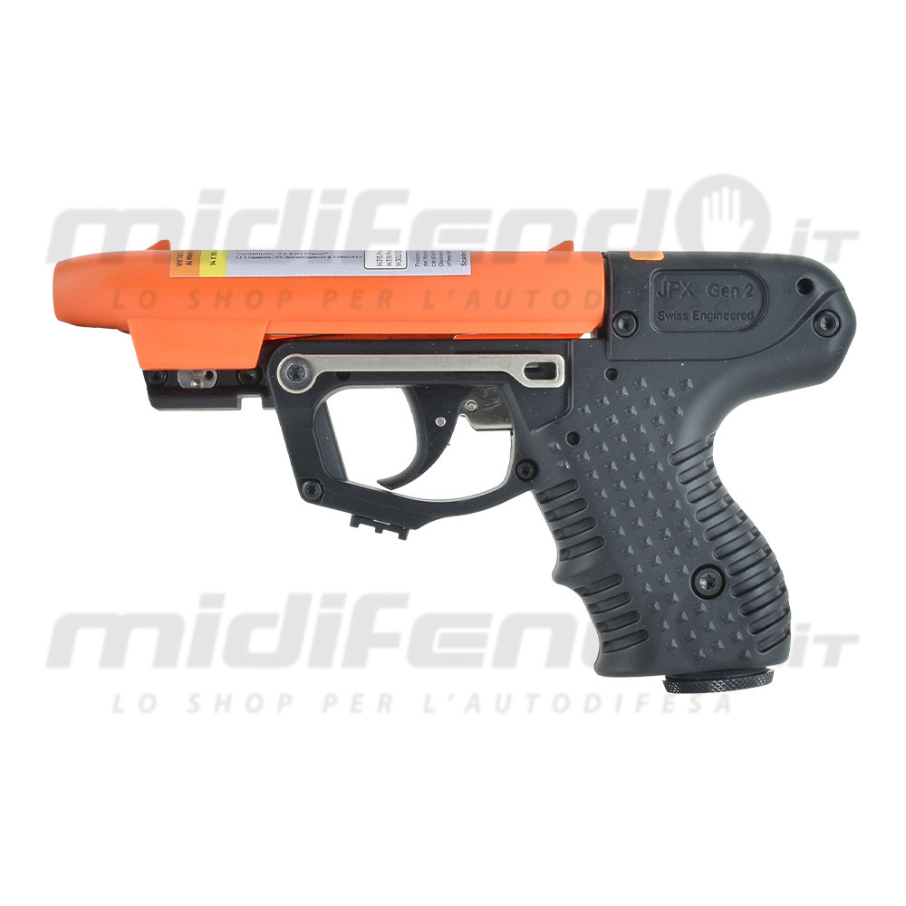 JPX Gen 2 Laser pistola al peperoncino nera e arancione vista laterale sinistra con mirino laser integrato