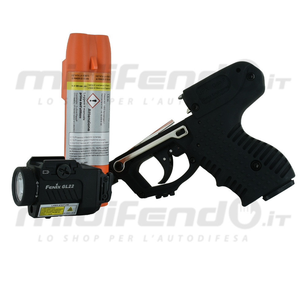 Vista laterale JPX2 Blackhawk pistola al peperoncino nera con torcia Fenix GL22 e cartuccia ricarica arancione inclusa