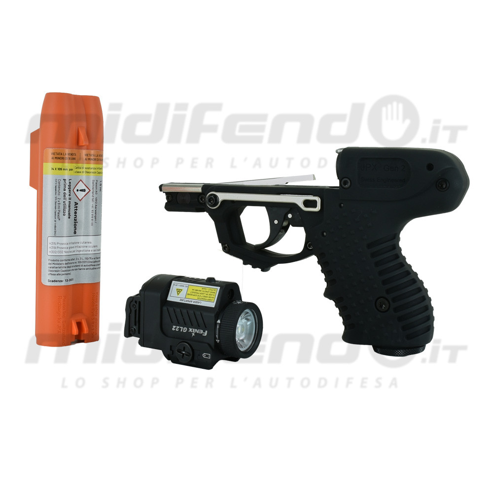Vista laterale JPX2 Blackhawk pistola al peperoncino nera con cartuccia arancione di ricarica e torcia laser Fenix GL22 inclusa