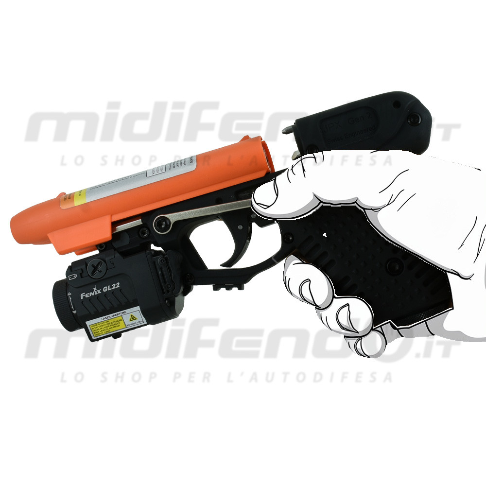 JPX2 Blackhawk impugnata da mano stilizzata, vista laterale sinistra: cartuccia arancione, torcia laser Fenix GL22 montata sotto la canna