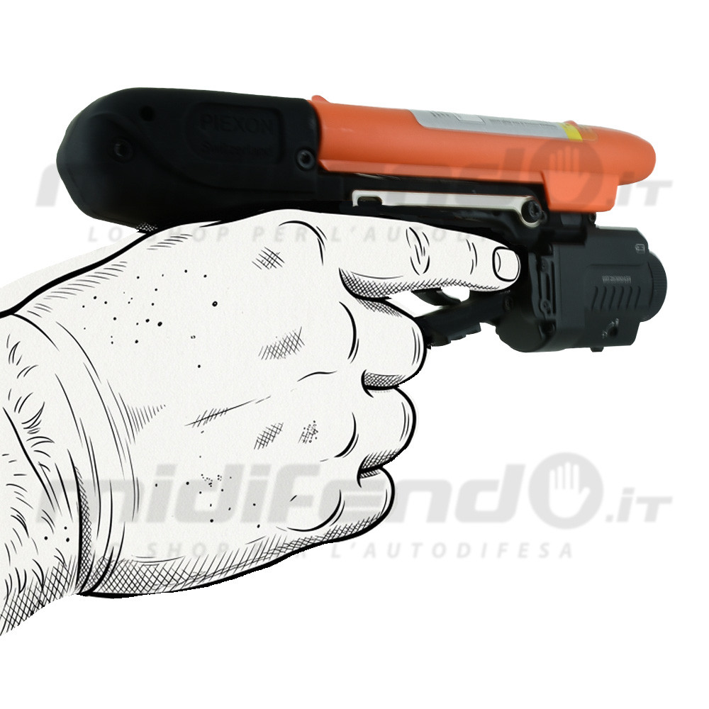 JPX2 Blackhawk pistola al peperoncino in mano illustrata, vista laterale: corpo arancio e nero con grilletto in posizione di utilizzo