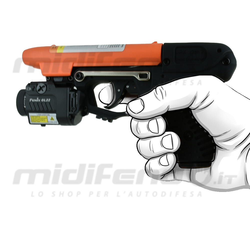 JPX2 Blackhawk pistola al peperoncino impugnata da mano illustrata, vista laterale sinistra con torcia laser Fenix GL22 montata sotto la canna arancione