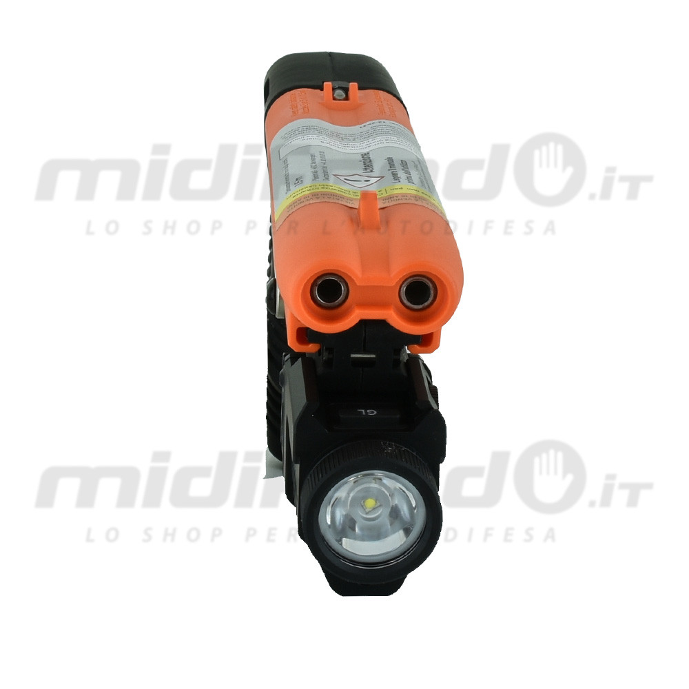 Vista frontale JPX2 Blackhawk: doppia canna arancione con due fori di uscita e torcia LED nera montata sotto