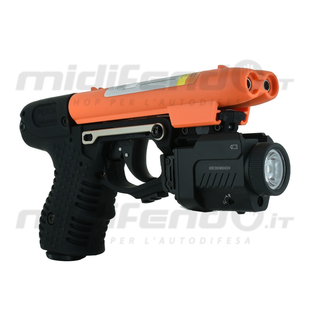 JPX2 Blackhawk pistola al peperoncino vista laterale destra con torcia tattica montata sotto, corpo nero e cartuccia arancione