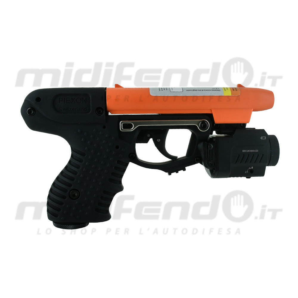 Vista laterale destra Piexon JPX2 Blackhawk pistola al peperoncino con cartuccia arancione e puntatore laser montato