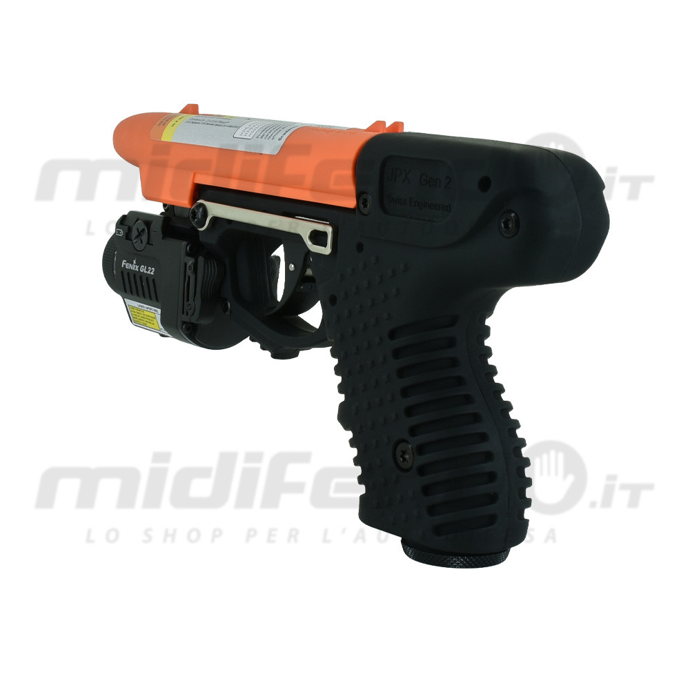 Vista laterale destra JPX2 Gen2 pistola al peperoncino nero opaco con cartuccia arancione e mirino laser Fenix GL22 montato sotto