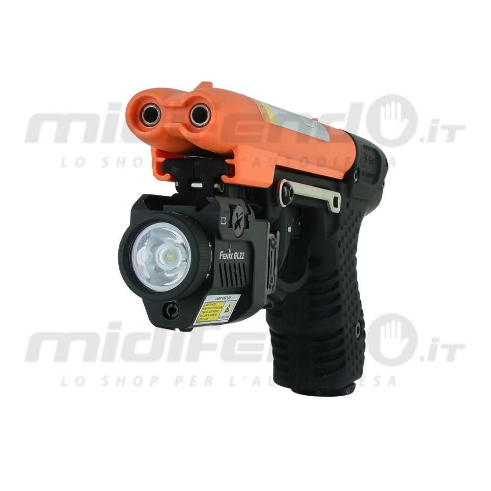 Vista laterale JPX2 Blackhawk pistola al peperoncino con torcia Fenix GL22 montata su rail e corpo arancione nero