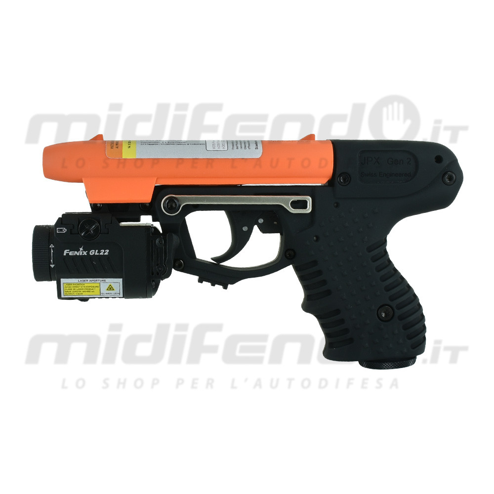 Vista laterale destra JPX2 Blackhawk pistola al peperoncino nera con cartuccia arancione e torcia laser Fenix GL22 montata sotto la canna