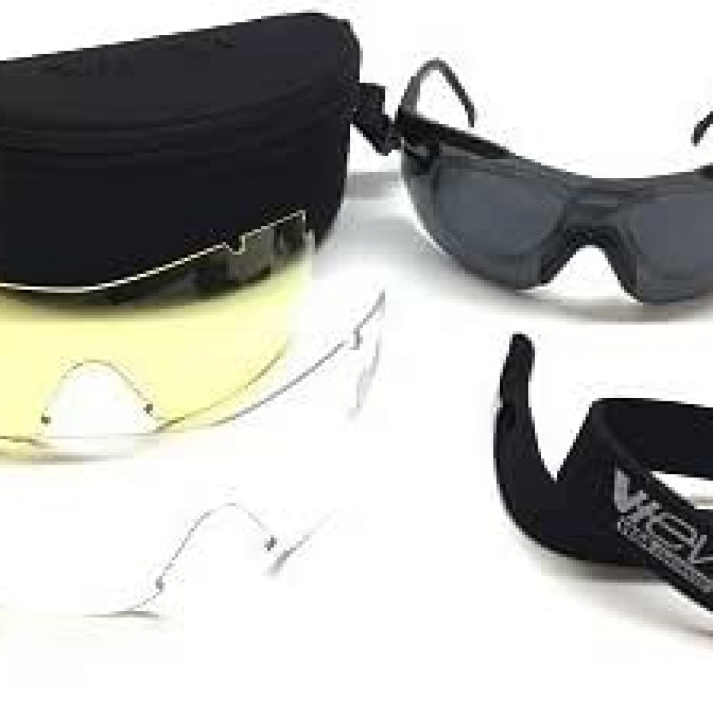 Kit occhiali multiuso con lenti fumé montate, due lenti intercambiabili gialla e trasparente, custodia rigida nera e laccio in neoprene